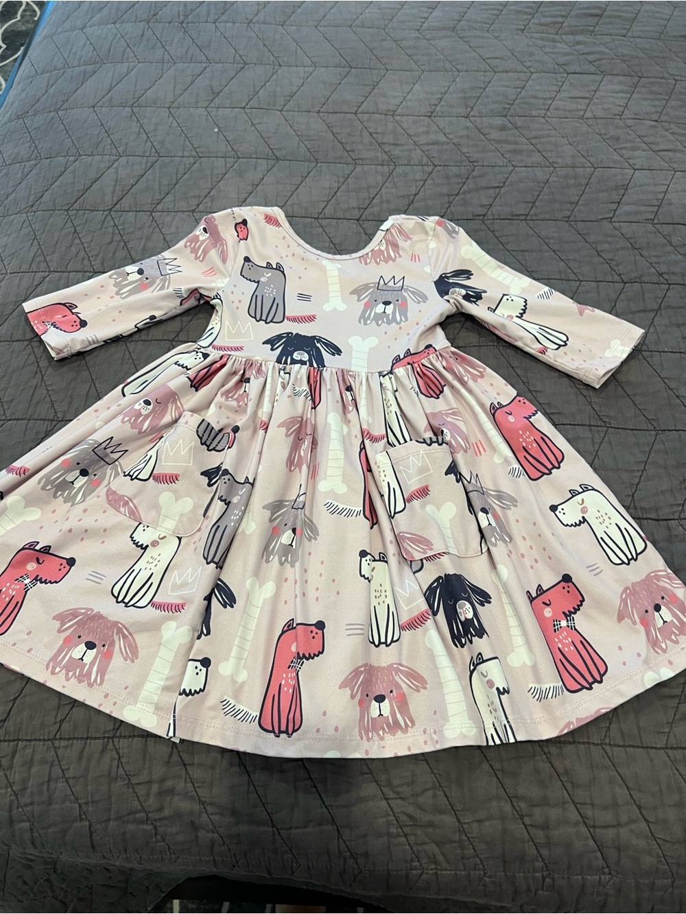 Girls' Pink Dog Print Long Sleeve Casual Dress